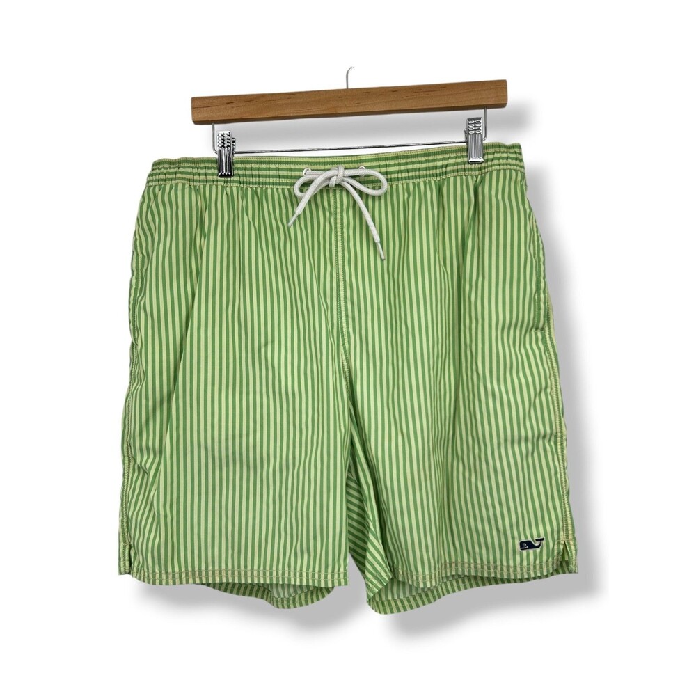 Vineyard Vines Men’s Swim Trunks Large Green White Vertical Striped Board Shorts